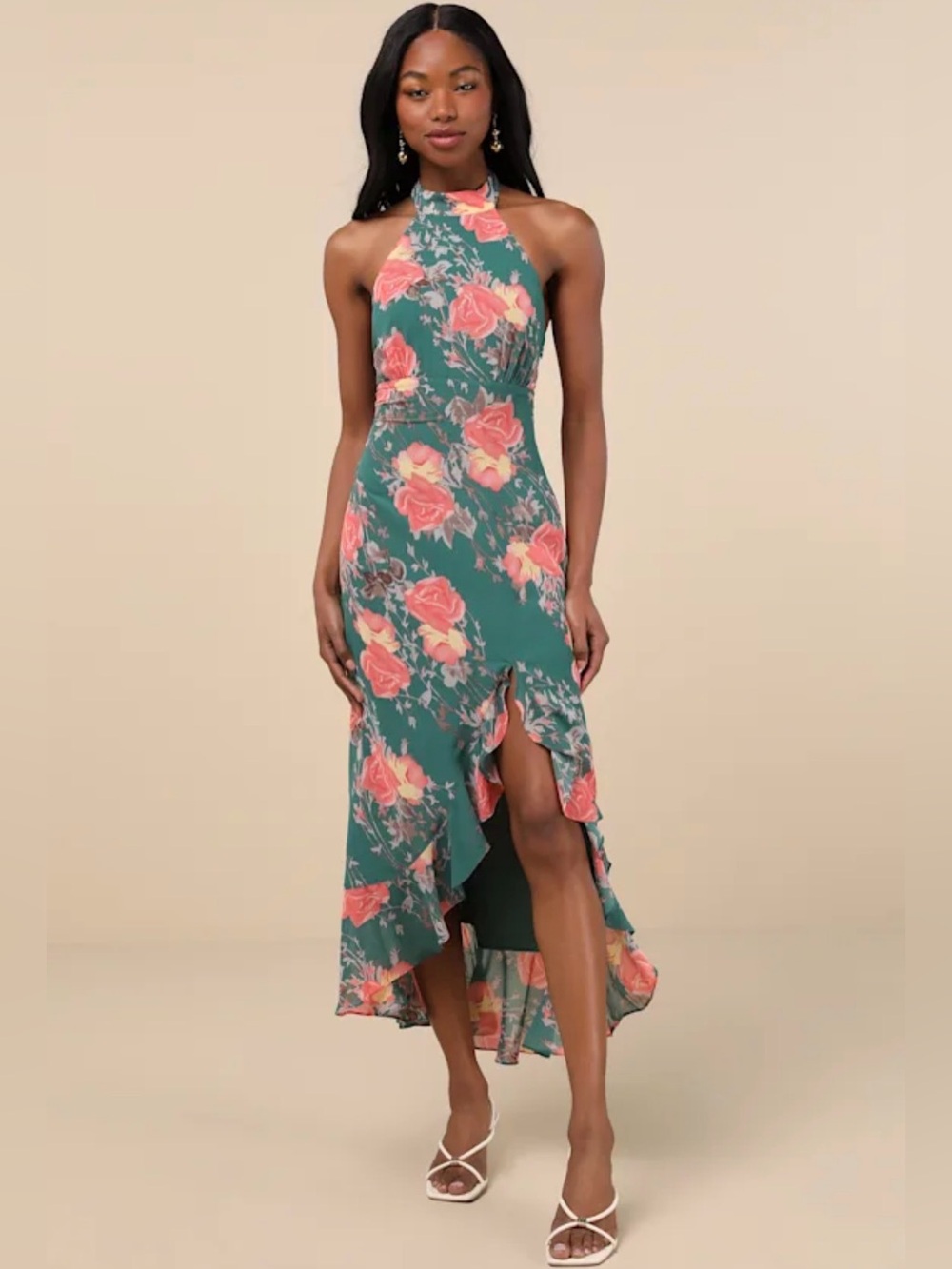 LULUS Elegant Entrance Halter Maxi Dress Teal Green Floral Print Women's Size XS